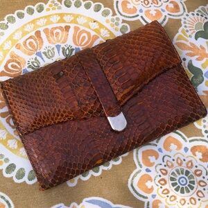 Vintage Snakeskin Travel Wallet Trifold Caramel Brown 7x4"